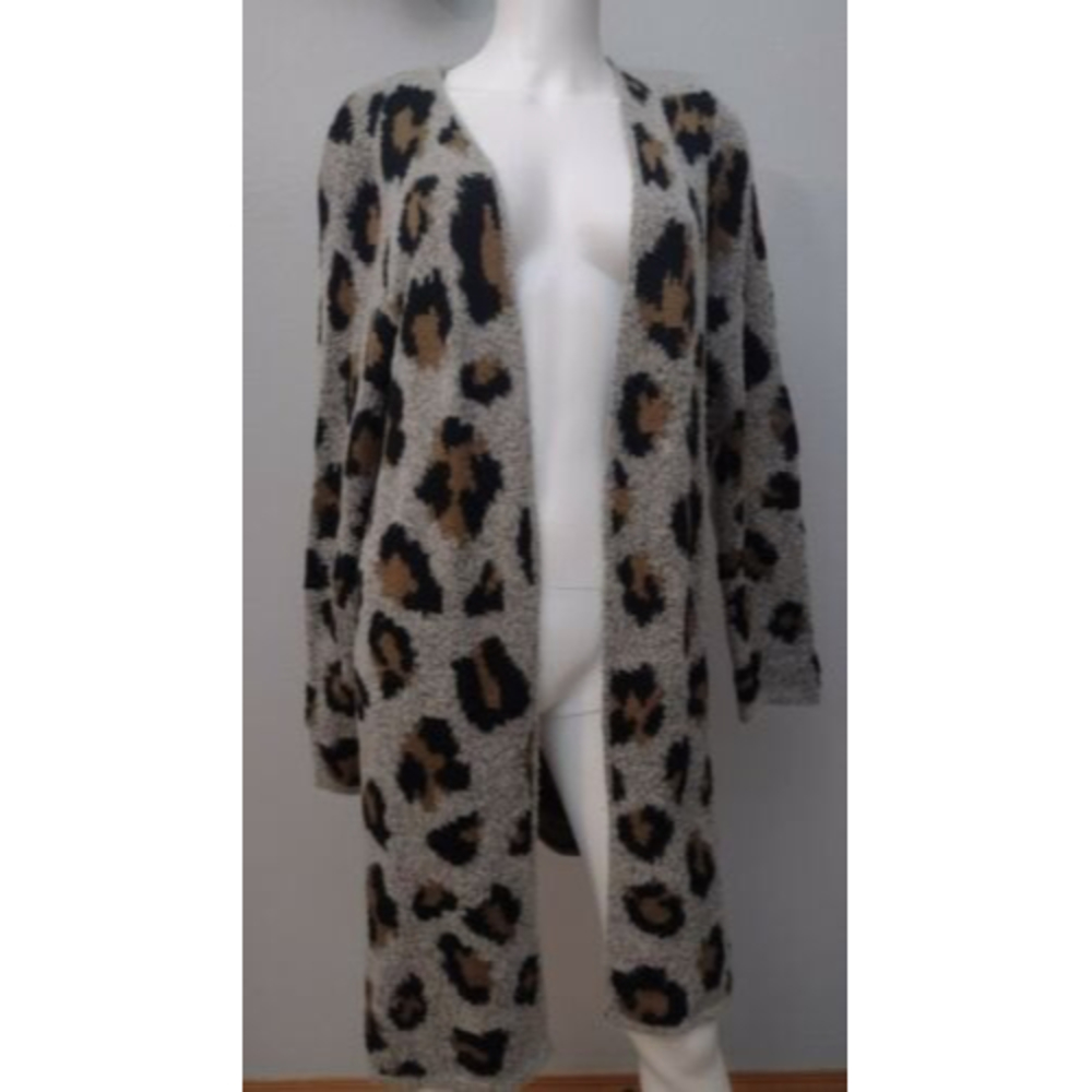 Leopard Print Open Front Cardigan - Gray/Tan